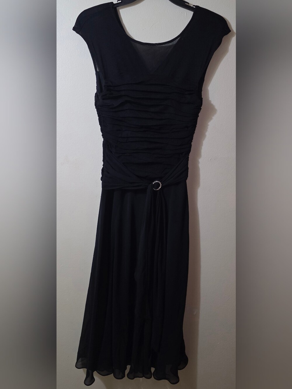 Signature by Sangria Black Ruched Cocktail Dress with Rhinestone Ring